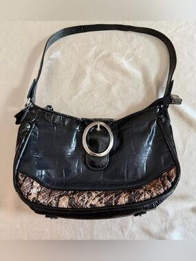 Vintage M.C. Marc Chantal Black Shoulder Bag Y2K Silver Buckle Snakeskin Trim